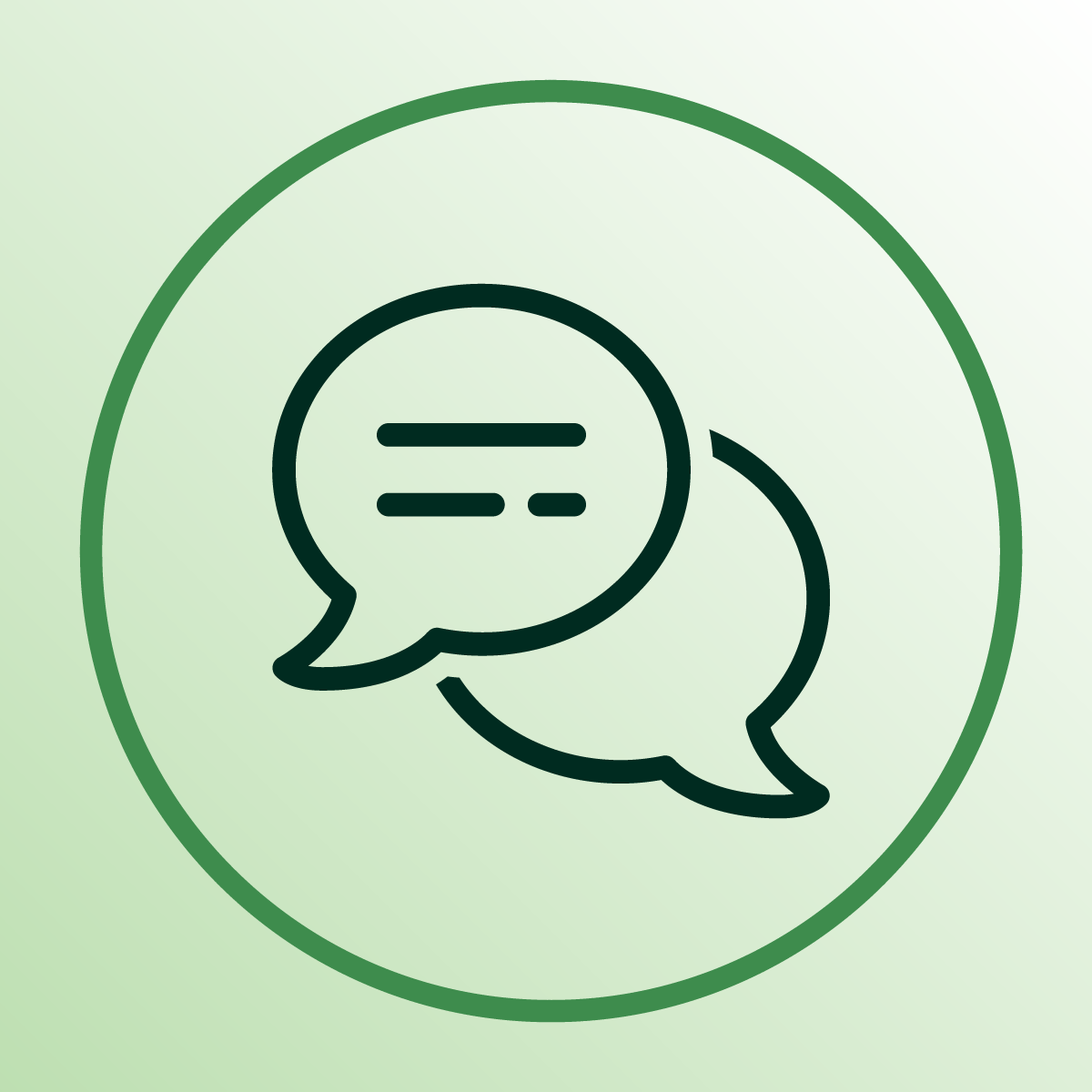 Speech bubbles with lines representing text in black, inside a green circle on a light green background.