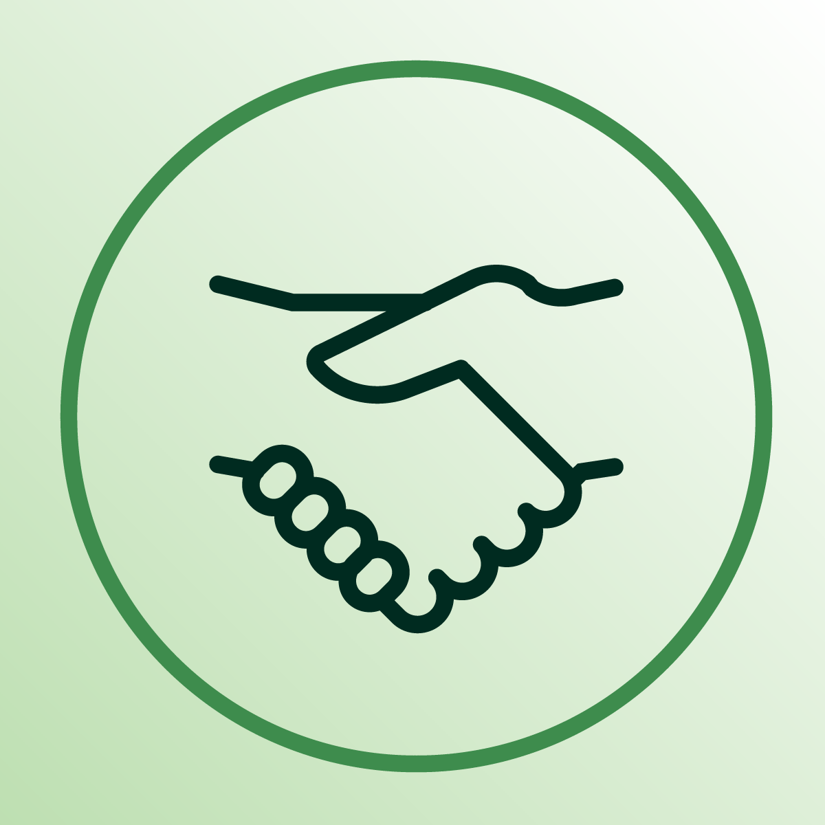 Line drawing of two hands shaking inside a circular border on a light green background.