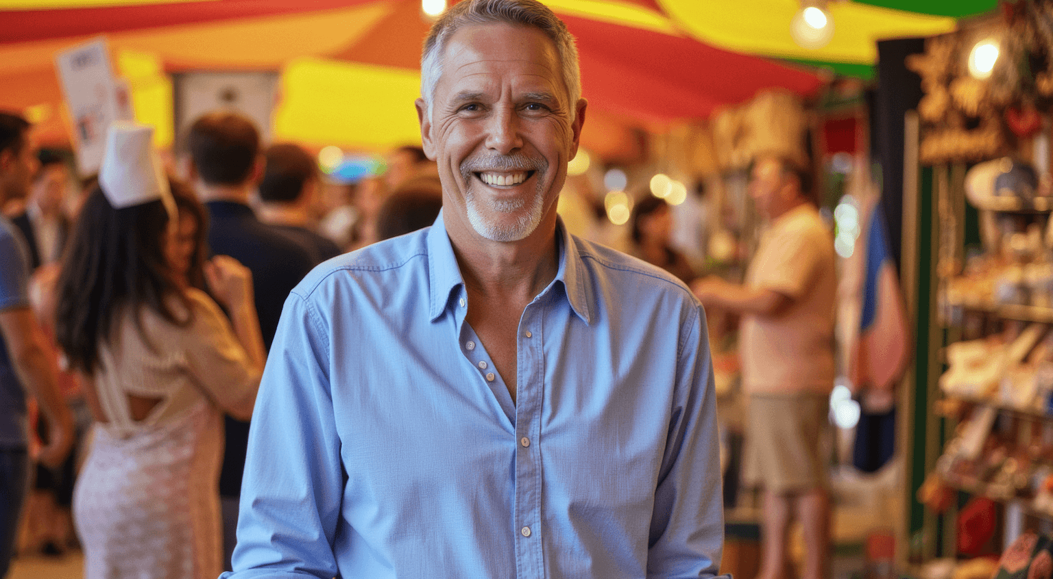 A smiling middle-aged man in a blue shirt at a crowded indoor market.