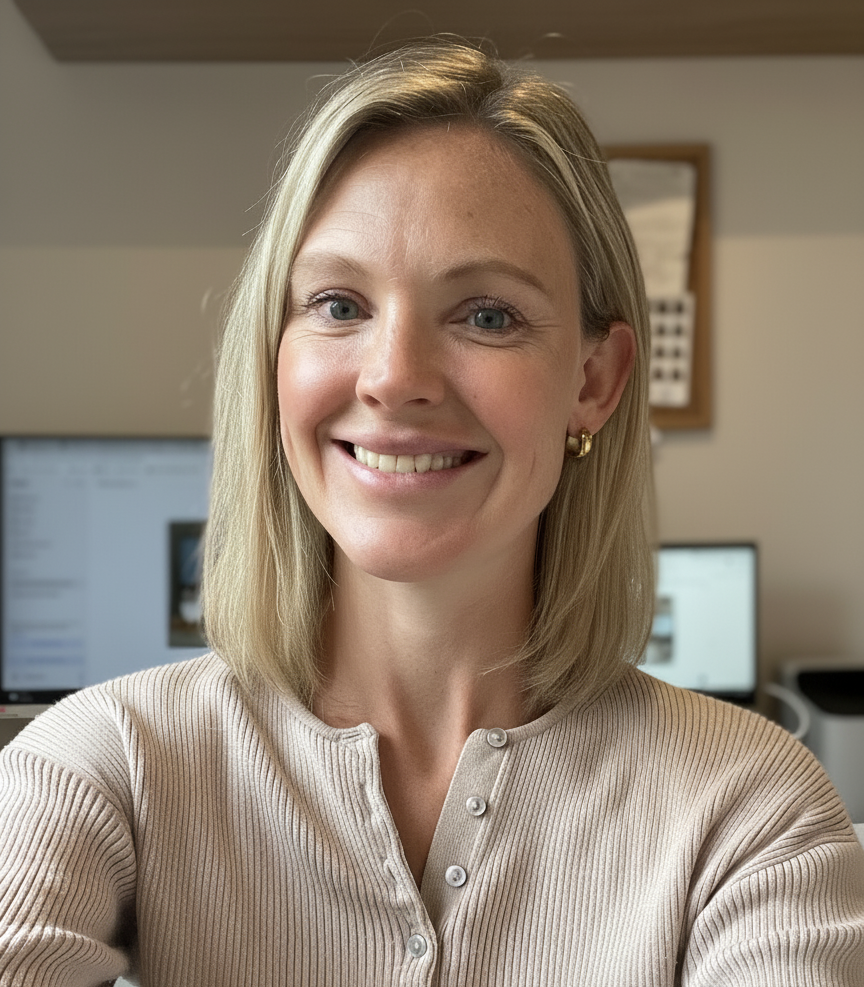A woman with blonde hair and blue eyes smiling in an office setting, wearing a beige ribbed button-up top and gold earrings.