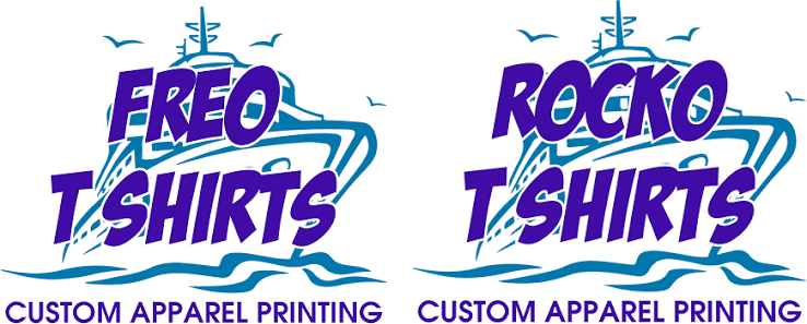Two logos for custom apparel printing, one for 'Freo T-Shirts' and one for 'Rocko T-Shirts,' featuring a boat and waves design in blue.