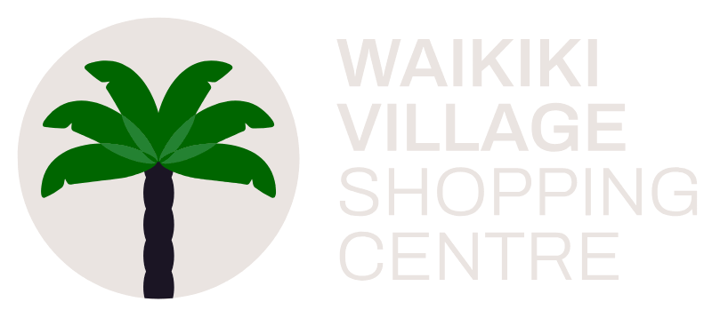 Logo for Waikiki Village Shopping Centre featuring a green palm tree icon and beige text.