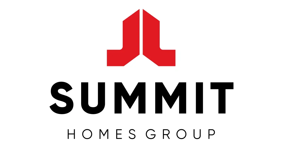 Logo for Summit Homes Group featuring a red abstract shape above the word 'SUMMIT' in black bold capital letters, with 'HOMES GROUP' in smaller black letters below.