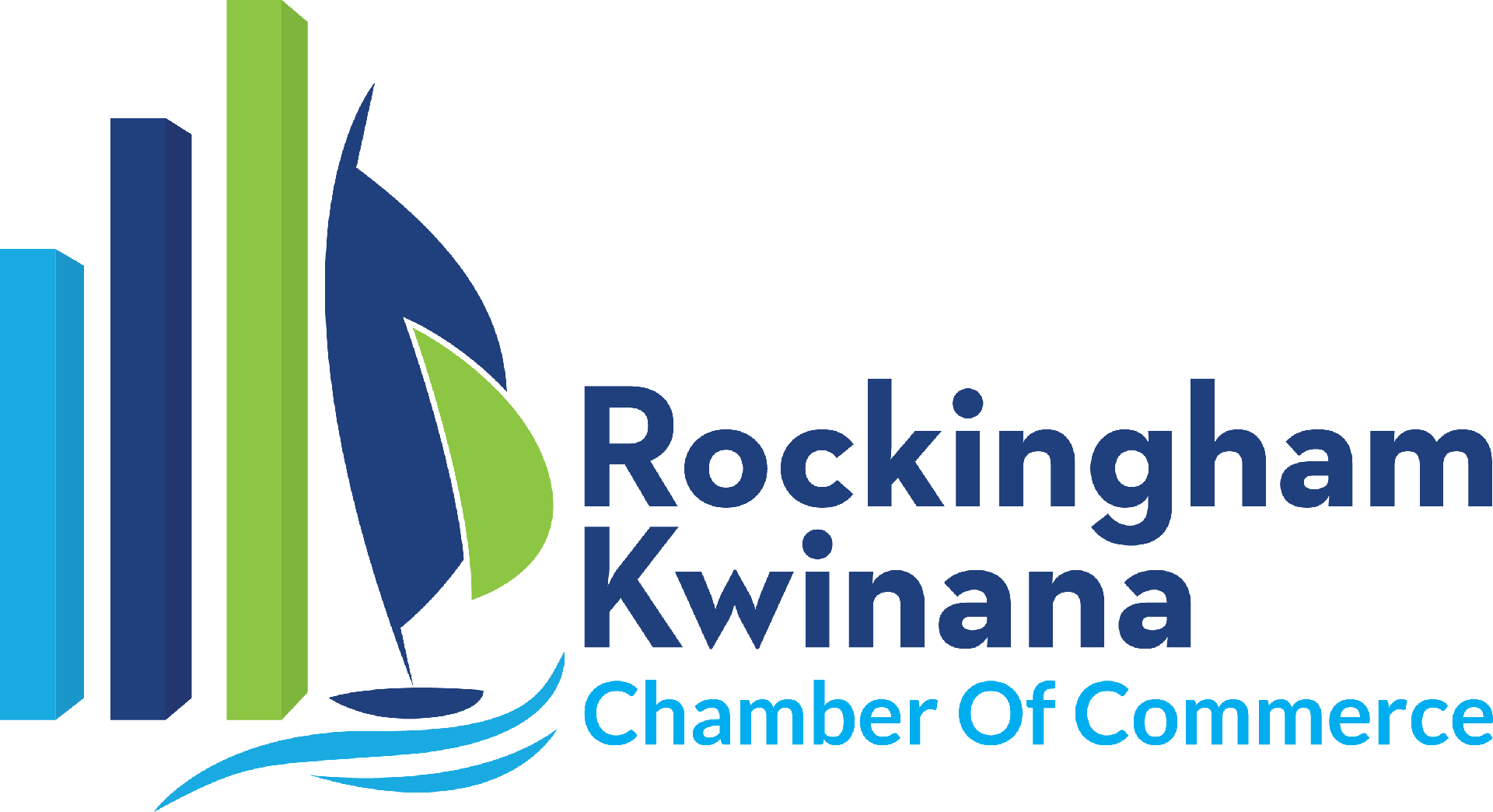 Logo of the Rockingham Kwinana Chamber of Commerce with stylized books, waves, and sailboat in blue, green, and light blue colors.