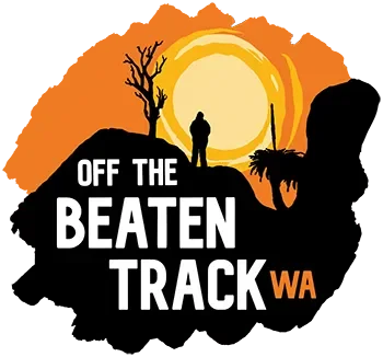 Silhouette of a person standing on a hill with a tree and a balga / grass tree / Xanthorrhoea preissii in black and an orange sunset with a large yellow and cream sun in the background, with text "Off the Beaten Track WA" in white and orange.