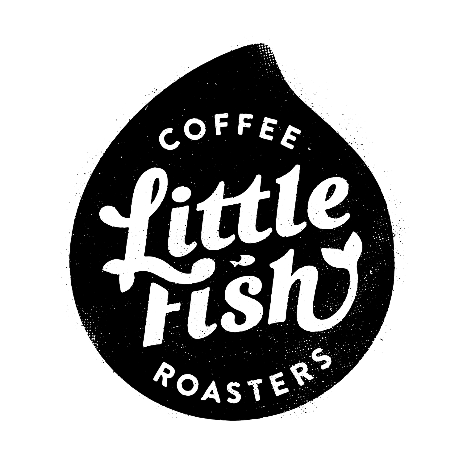 A tear drop shaped in black logo with the text "Little Fish" centred, "Coffee" above and "Roasters" below. The text is white.