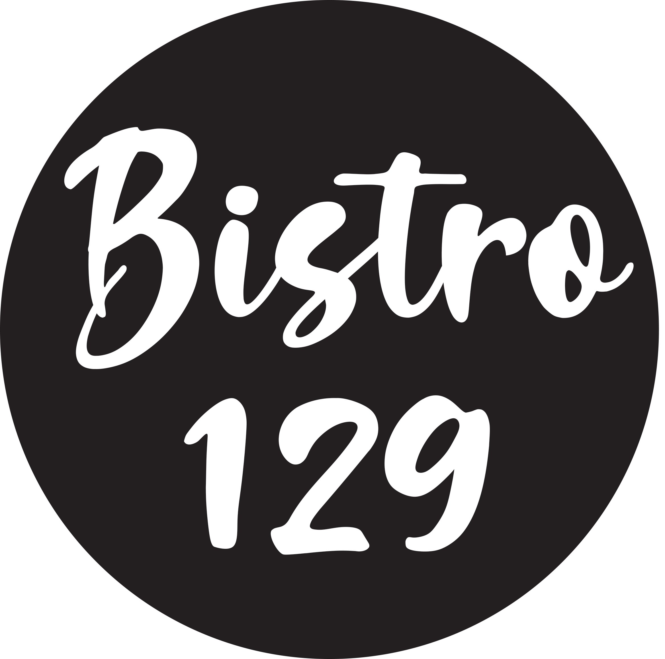 Logo for restaurant "Bistro 129", a black circle with the words 'Bistro' written in white, cursive font, and "129" in white text underneath.