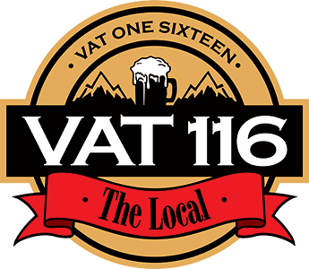 Logo featuring mountains, a beer mug, and text reading "VAT 116" centred in bold, "The Local" under on a red ribbon, and "VAT ONE SIXTEEN" above, with a gold and black circular design.