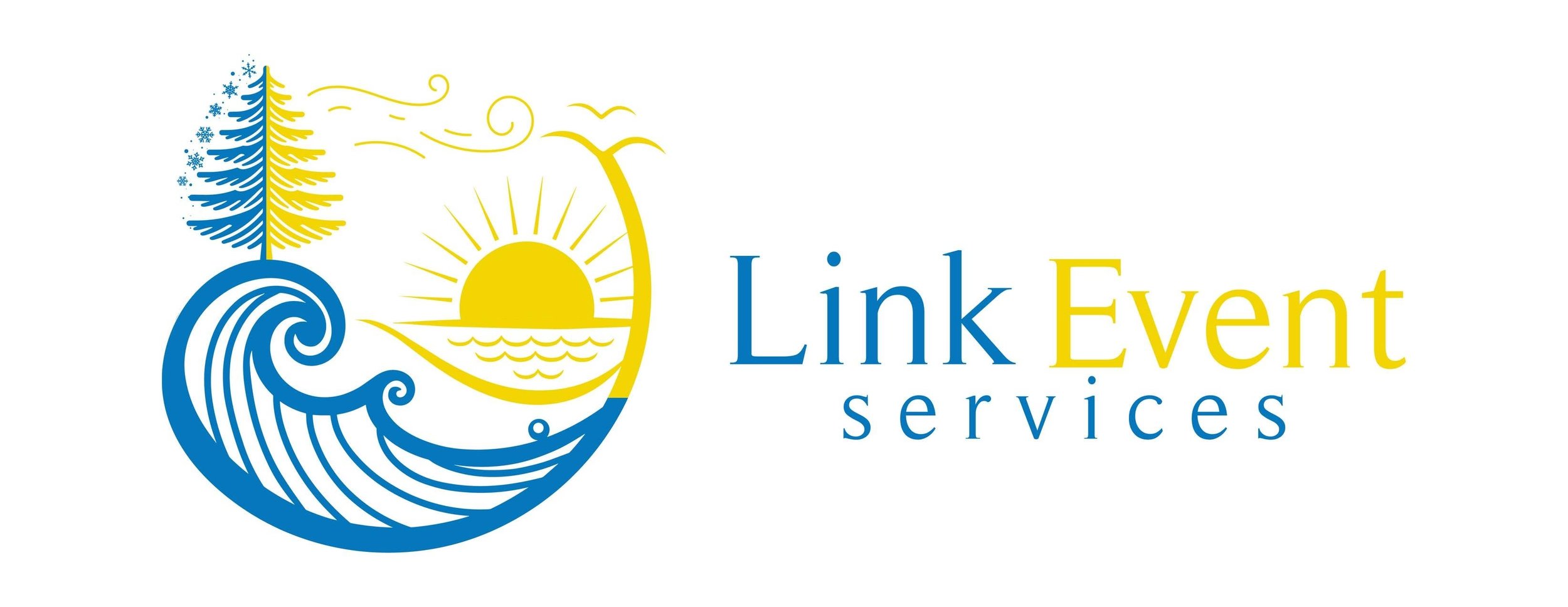 Logo for Link Event Services featuring a stylized blue wave, a yellow sun, yellow birds, and a blue and yellow pine tree, with the company name in blue and yellow text.