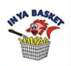 Logo for 'In Ya Basket' in blue text featuring a cartoon pink and red fish jumping into a wire basket that has a load of chips / fries.