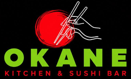 Logo for Okane Kitchen & Sushi Bar featuring a red circle, white outline of a hand holding chopsticks, and "OKANE" in green and "KITCHEN & SUSHI BAR" in red text underneath.