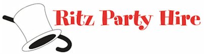 Illustration of a white magician's top hat and a black wand with the text 'Ritz Party Hire' in red.