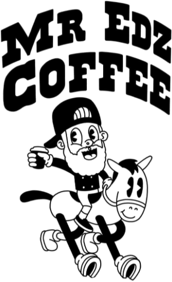 A black and white cartoon illustration of a man with a beard and cap riding a horse, accompanied by the text 'Mr Edz Coffee' at the top in black.