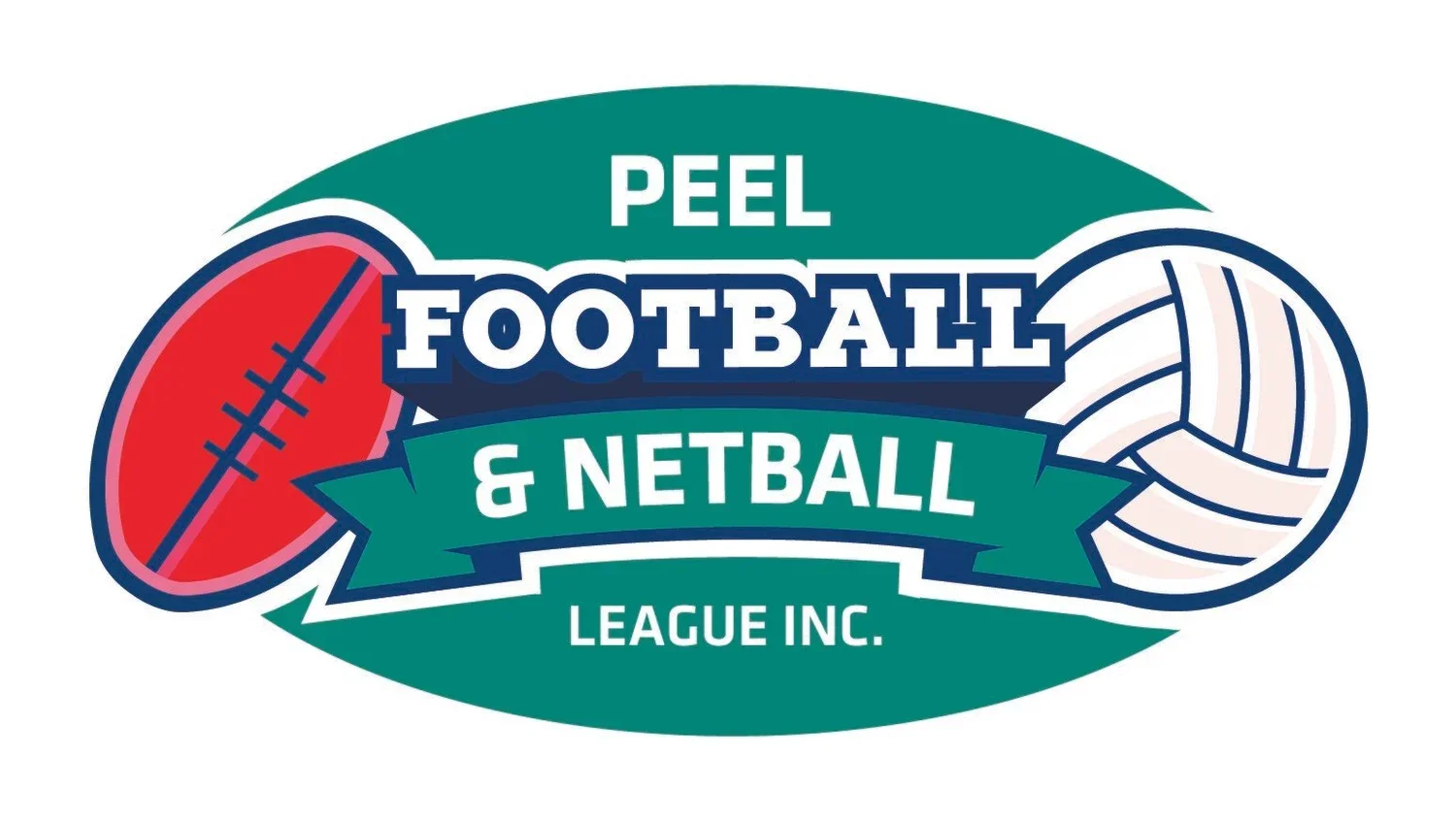 Logo for Peel Football & Netball League Inc. featuring a red football and a white netball.