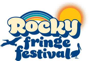 Logo for Rocky Fringe Festival with a sun and rainbow design above the word "Rocky", and two pelicans: one in flight to the left of the word "Fringe" and one standing to the right of the word "Festival". The pelicans and the bottom text are blue.