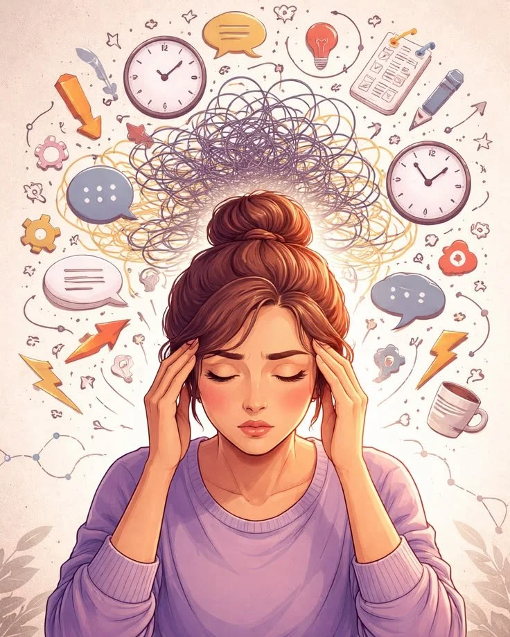 Une jeune femme semble stressée ou préoccupée, tenant sa tête avec ses mains, entourée de dessins représentant la surcharge mentale, comme des horloges, des bulles de texte, des idées, et des symboles d'énergie.