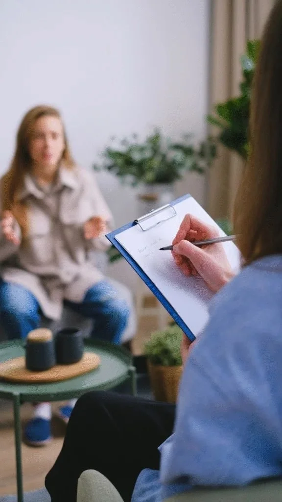 Une personne en train d'écrire dans un cahier lors d'une séance de thérapie ou de consultation avec une autre personne assise en face, dans un environnement intérieur avec des plantes en arrière-plan.