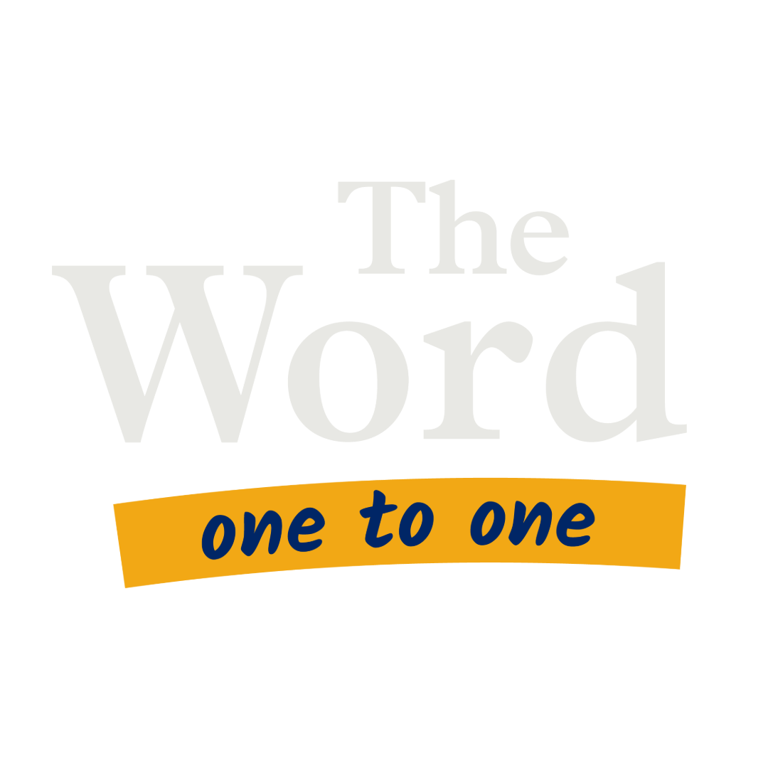 The logo for 'The Word one to one' with black background, large light gray text, and a yellow banner with dark blue text.