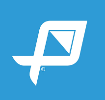 Blue background with a white speech bubble and a stylized letter 'P' inside it.