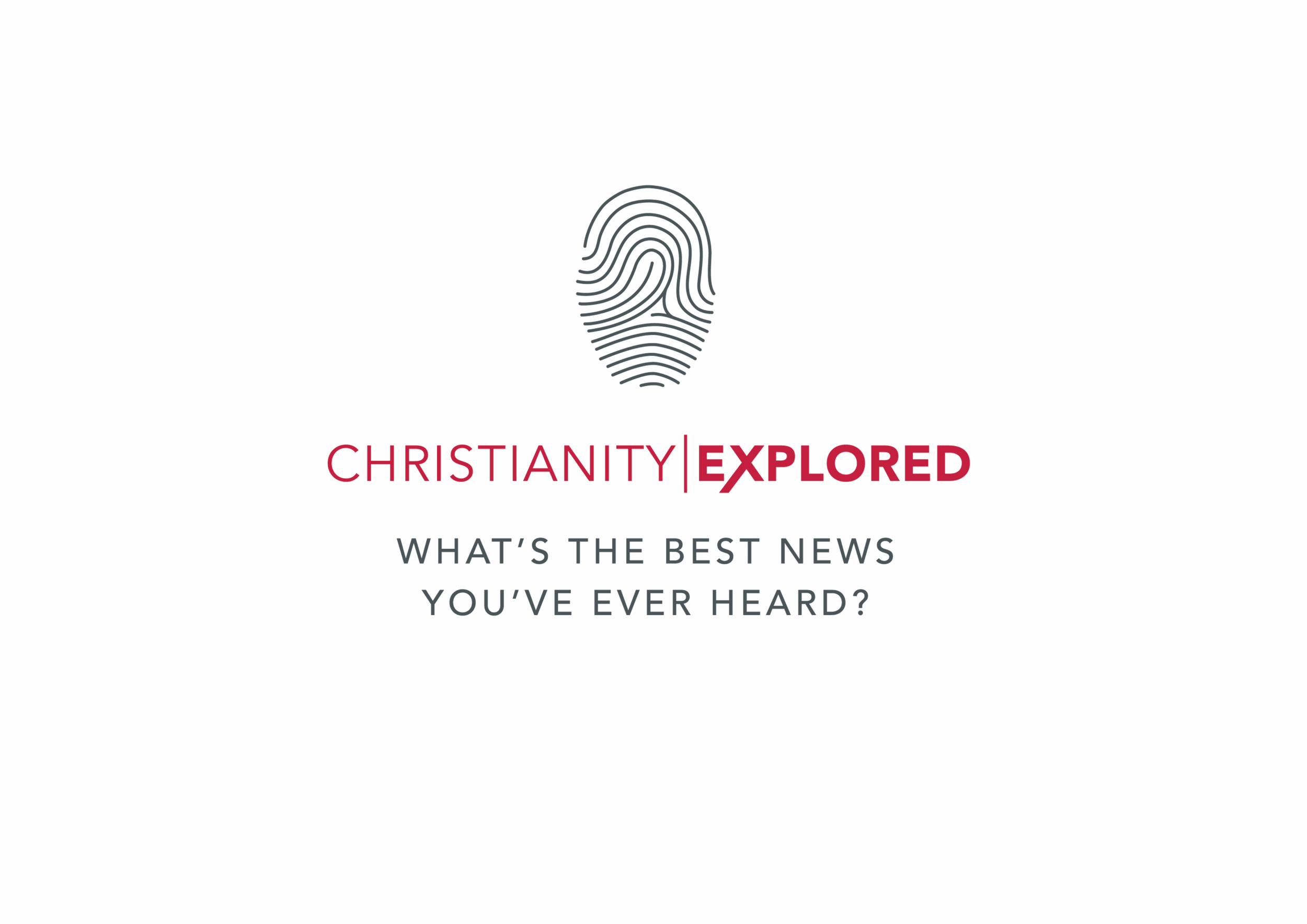 A dark background featuring a fingerprint icon and the words 'Christianity Explored' in red, with a subtitle 'What's the best news you've ever heard?' in smaller gray text.