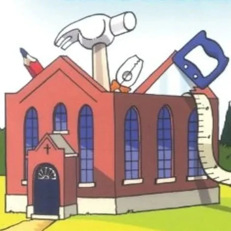 A handbook for small churches - A cartoon illustration of a church with various school supplies and tools on its roof, including a hammer, ruler, paintbrush, saw, pencil, and eraser.