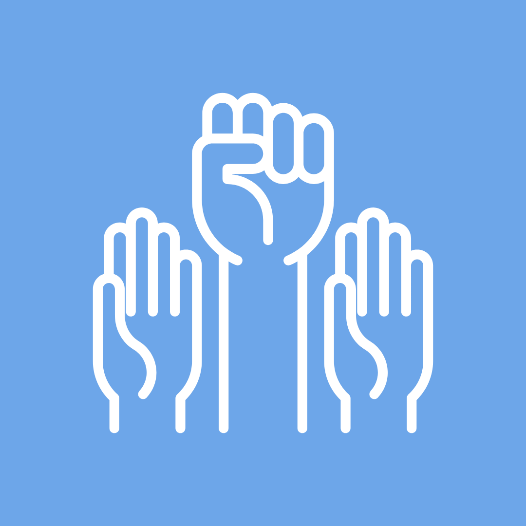 Four white outlined hands with a raised fist symbol on a blue background.