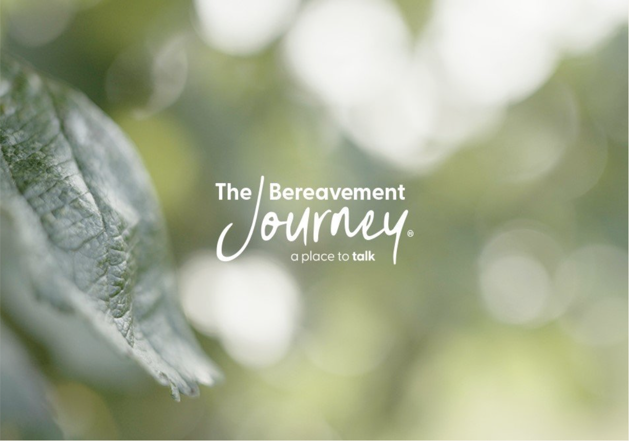 Close-up of a green leaf with a blurred natural background and the text: 'The Bereavement Journey: a place to talk'.