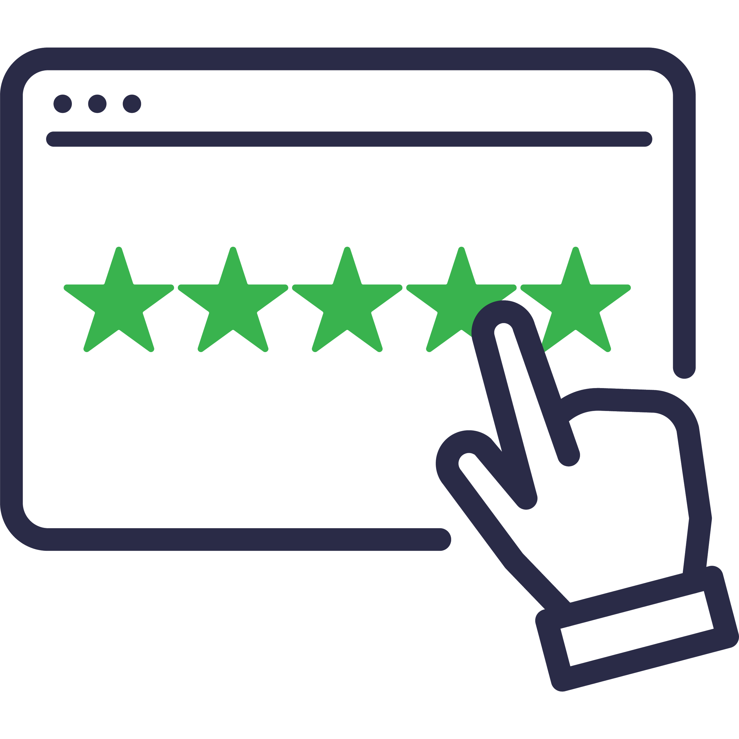 A digital illustration of a web browser window displaying a five-star rating with a hand and finger clicking on the last star.