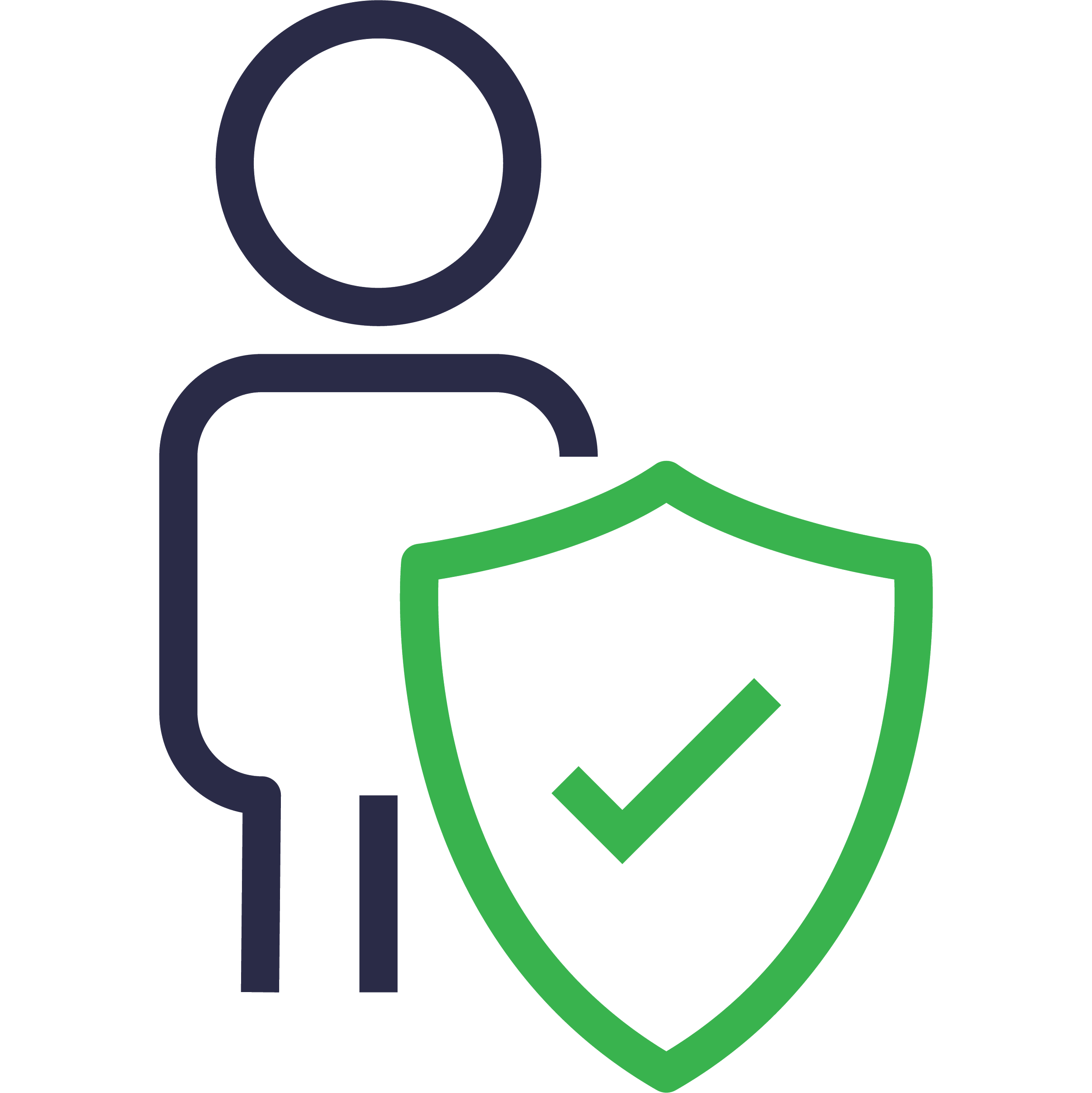 Outline of a person next to a shield with a checkmark, symbolizing protection or security.