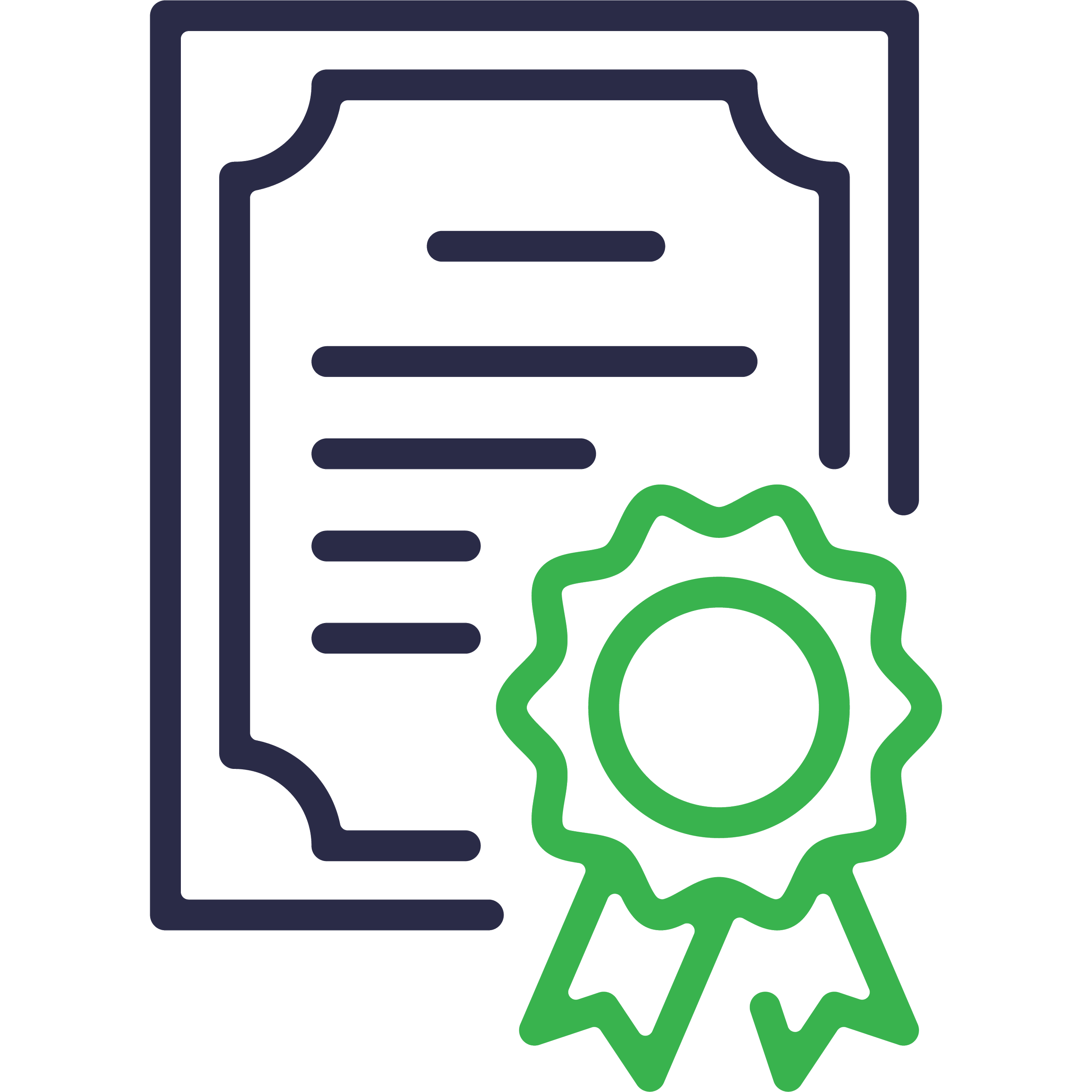 An icon of a certificate with a green award ribbon attached.
