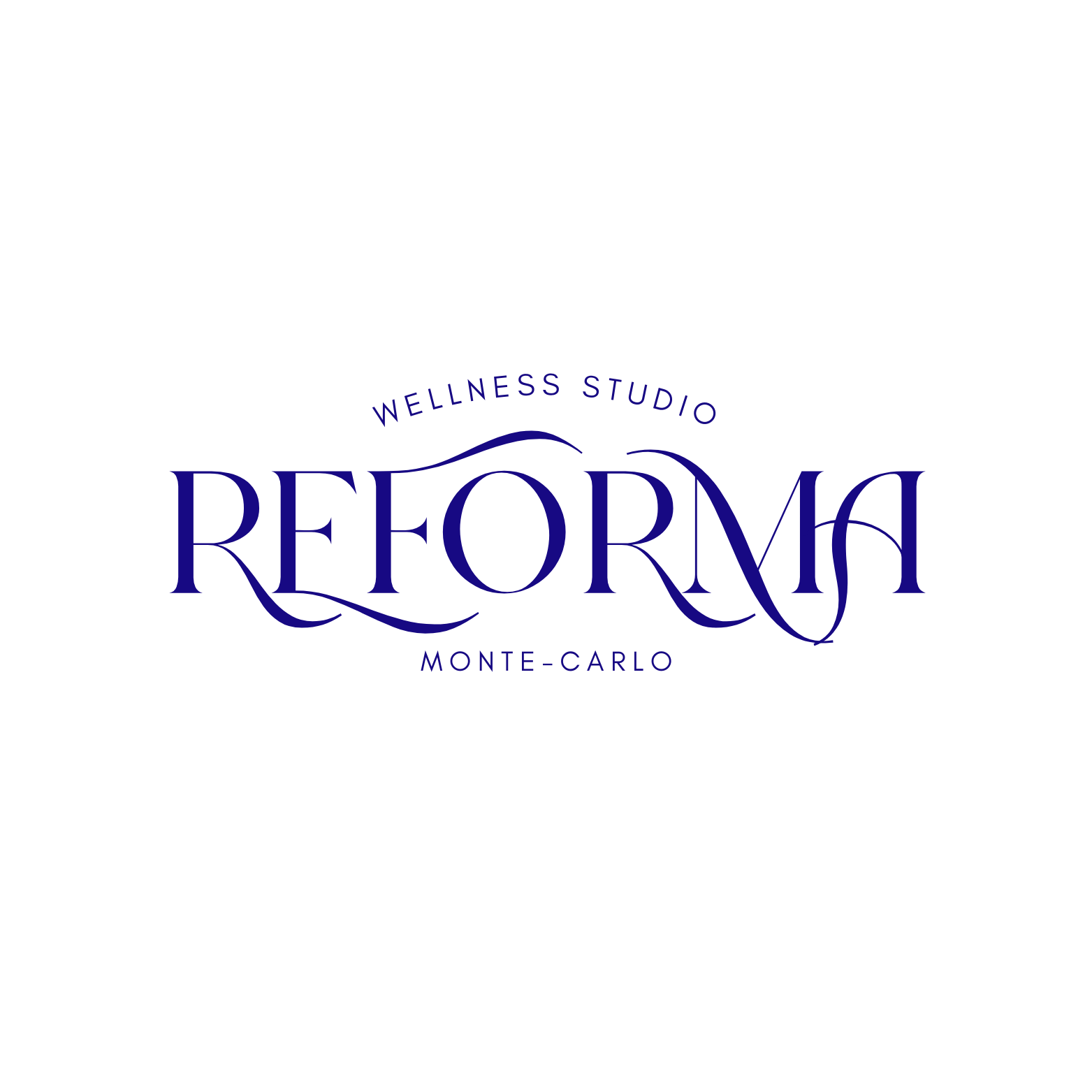 Logo for Wellness Studio Reform located in Monte Carlo, featuring elegant, stylized text in deep blue.