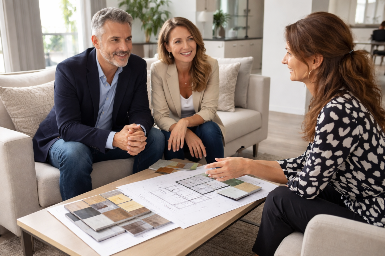 Trois personnes, deux hommes et une femme, discutent dans un salon, avec des plans et des échantillons sur une table.