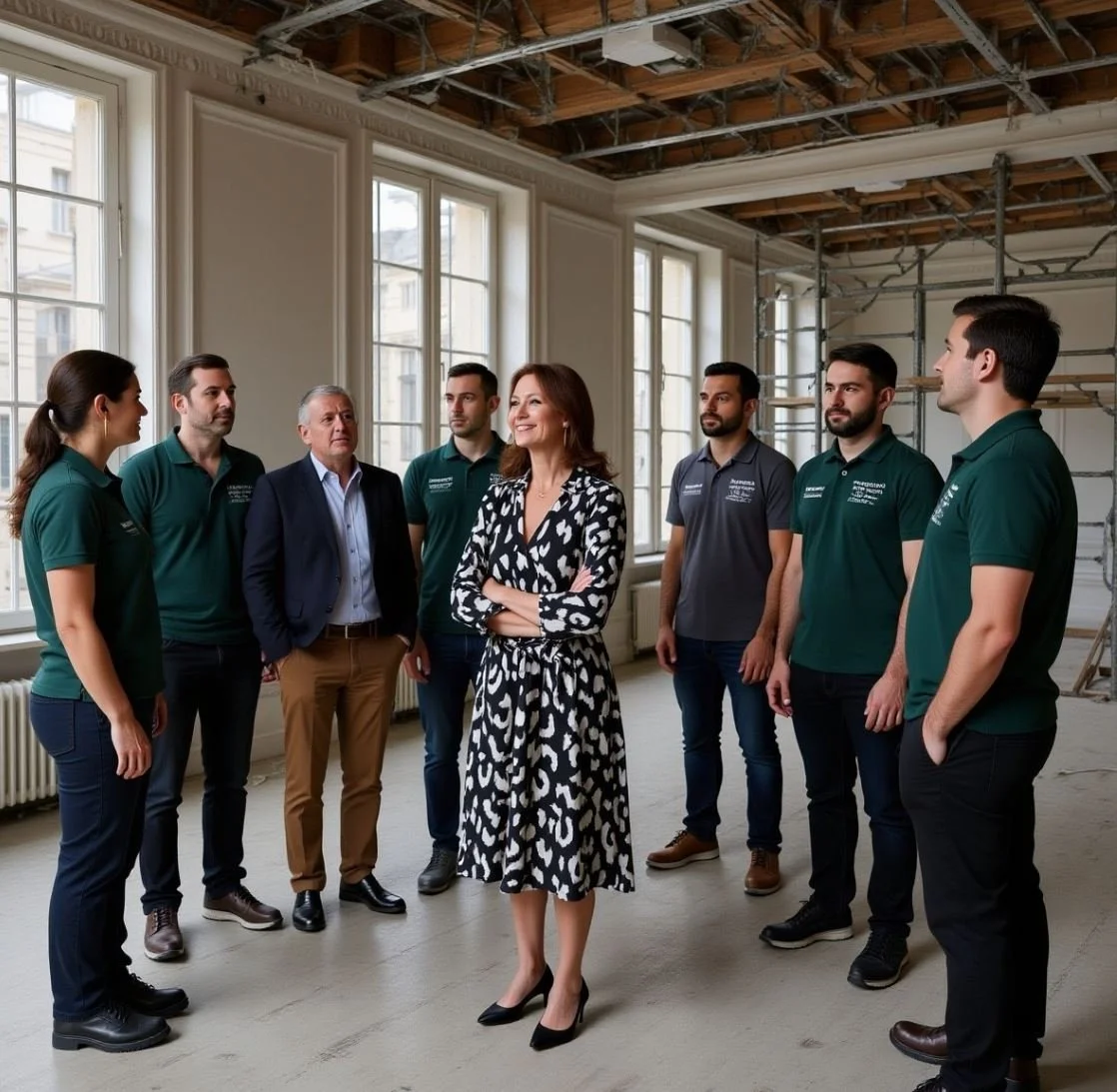 Un groupe de personnes en réunion ou formation à l'intérieur d'un bâtiment en rénovation, avec de grandes fenêtres et un plafond en cours de rénovation.