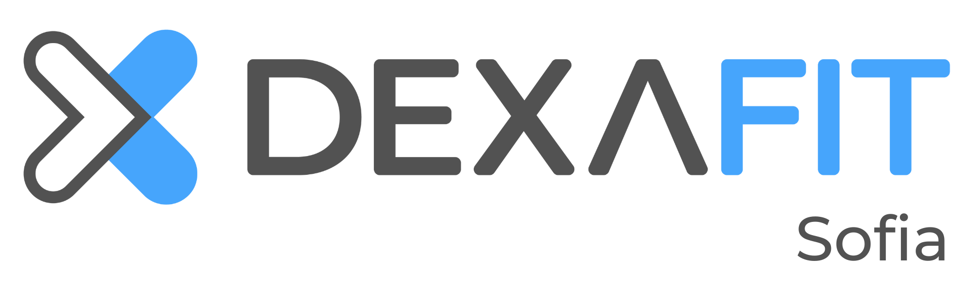 Logo of DEXA FIT with a stylized arrow symbol and the text 'DEXA FIT' in black and blue, and the name 'Sofia' written underneath.