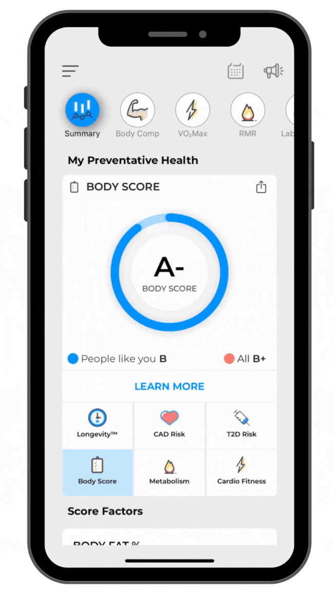 На екрана на смартфона се показва приложението DexaFit ai с оценка на физическото състояние А- и различни показатели за здравето, като продължителност на живота, риск от коронарна болест на сърцето, риск от захарен диабет тип 2, метаболизъм и кардиофитнес.
