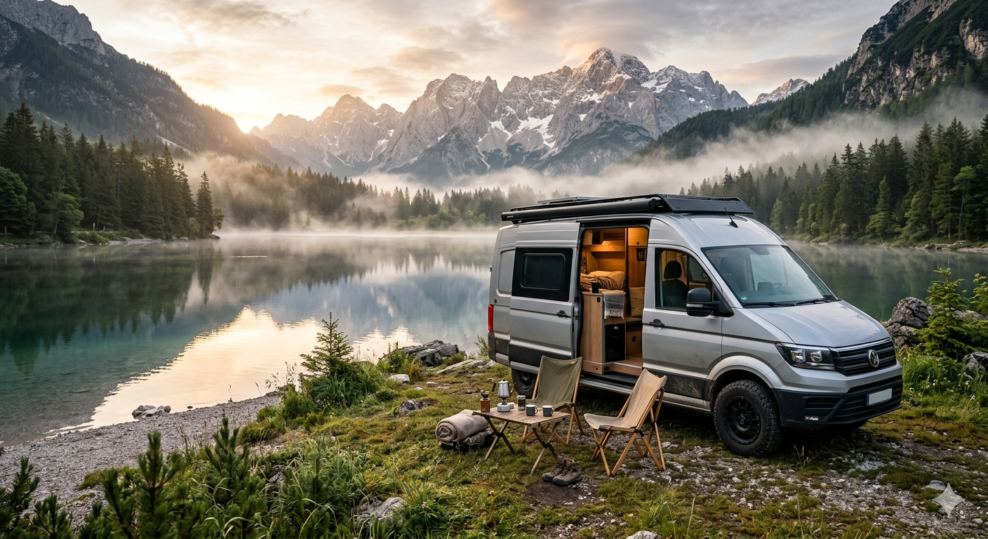 A silver camper van parked beside a lake with mountains in the background, during sunrise or sunset. Camping chairs and a small table with items are set up outside the van, with a cozy interior visible through the open door.