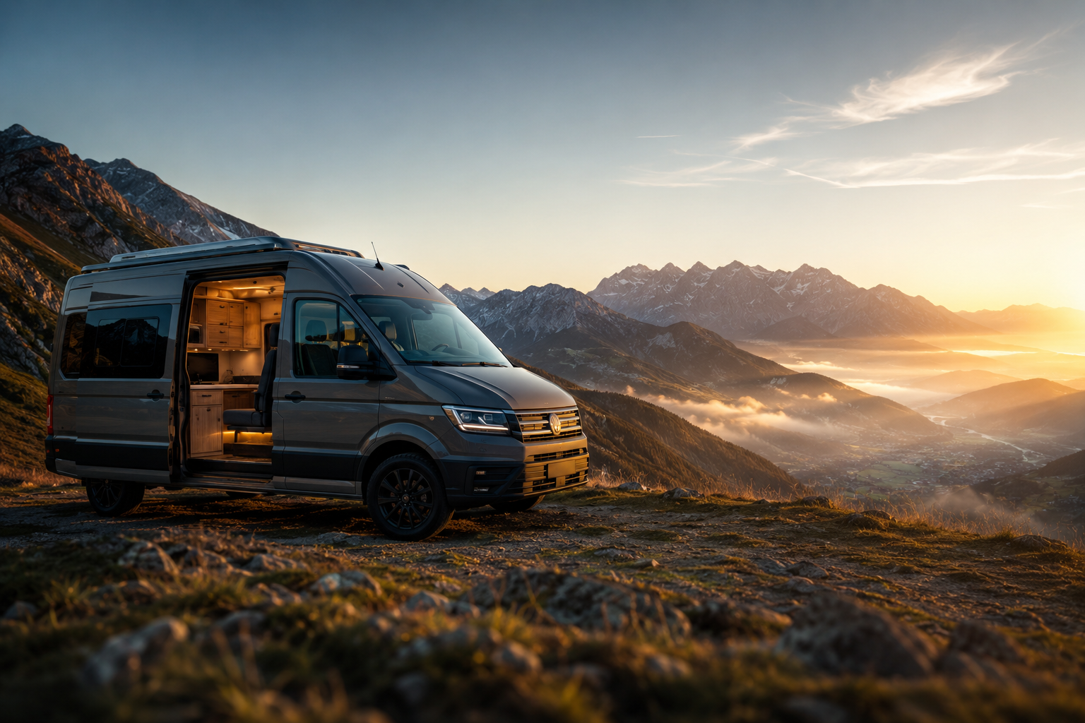 A gray camper van parked on a rocky hilltop overlooking mountains at sunset with a view of valleys below.
