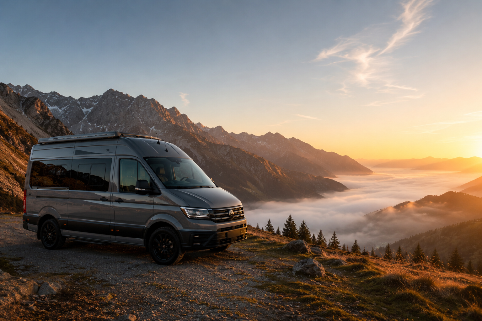 A dark gray van parked on a rocky dirt area on a mountain overlooking a valley with fog, trees, and a mountain range at sunrise or sunset.