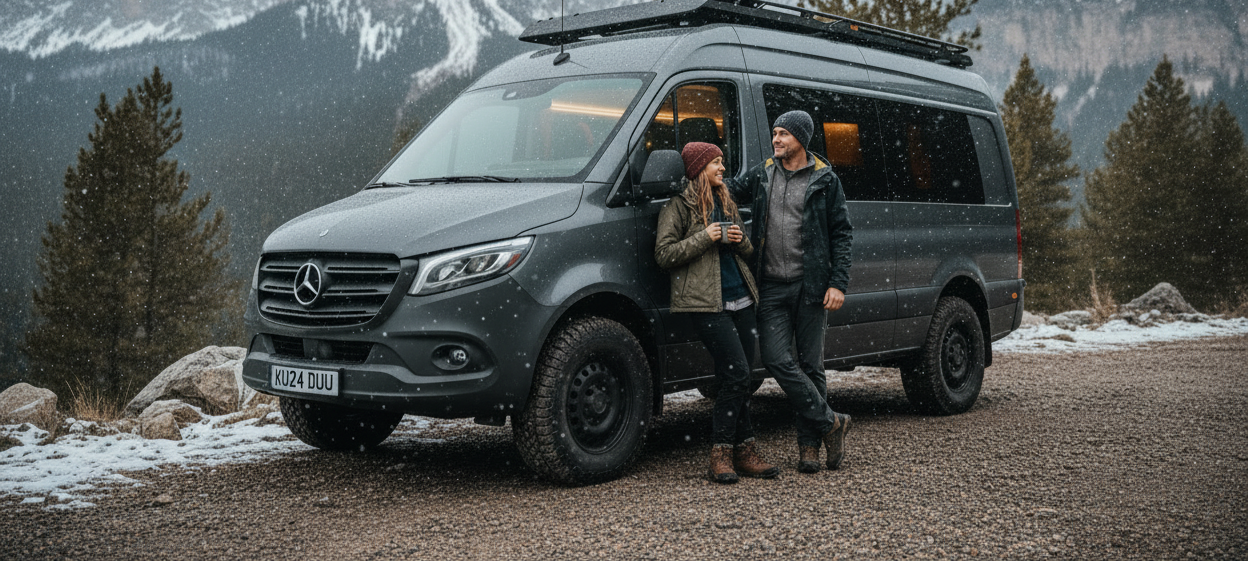 A man and woman standing outside next to a gray Mercedes-Benz camper van in a mountainous, wooded area with light snow, talking and smiling at each other in cold weather.