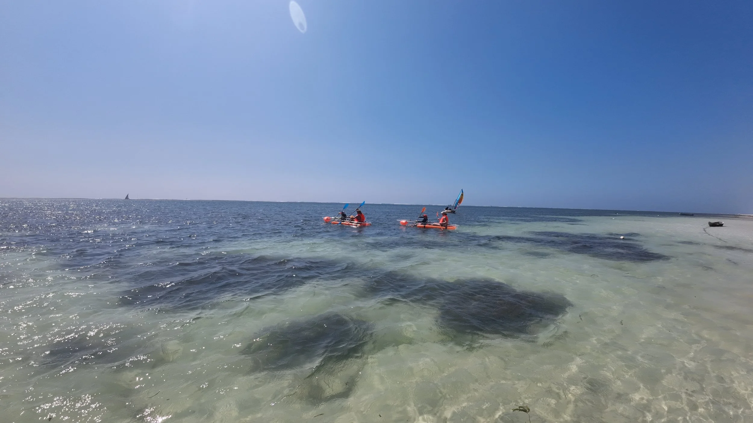 People kayaking on the ocean near the shore with clear water, small boats, and a sailboat in the distance under a sunny blue sky.