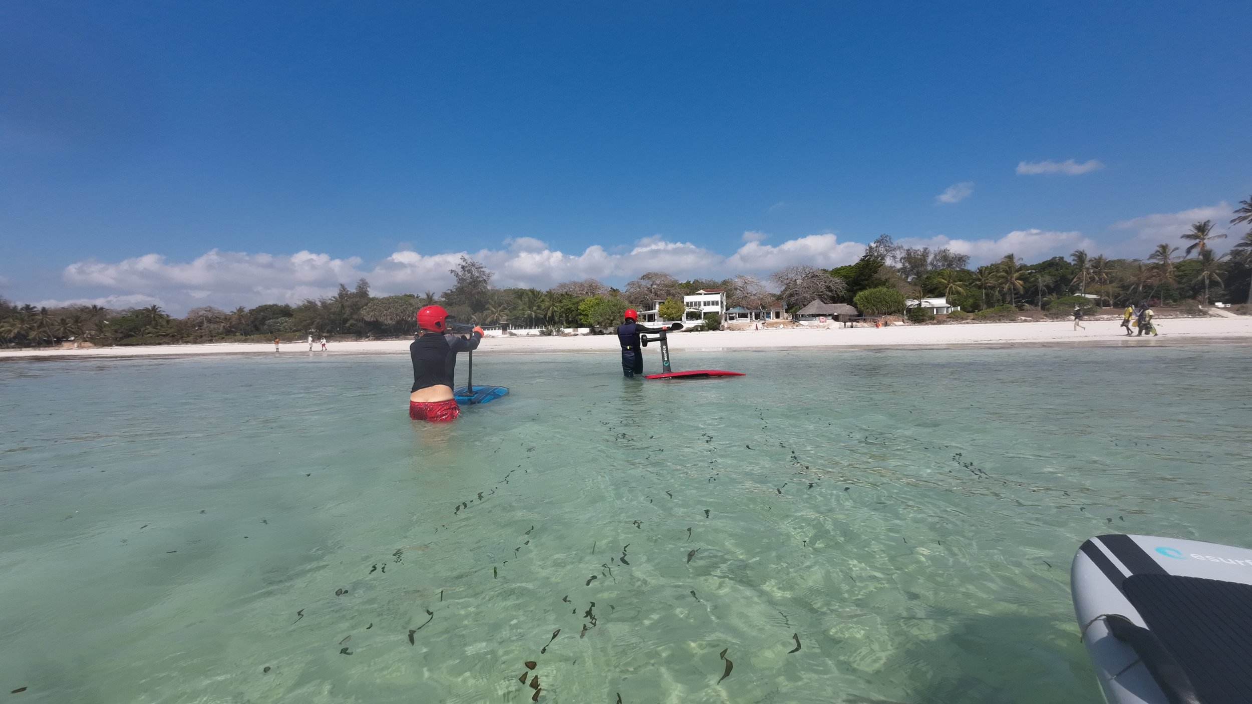 Two people standing in shallow clear water with paddleboards, wearing red helmets and wetsuits, facing a beach with trees and houses under a blue sky with clouds.