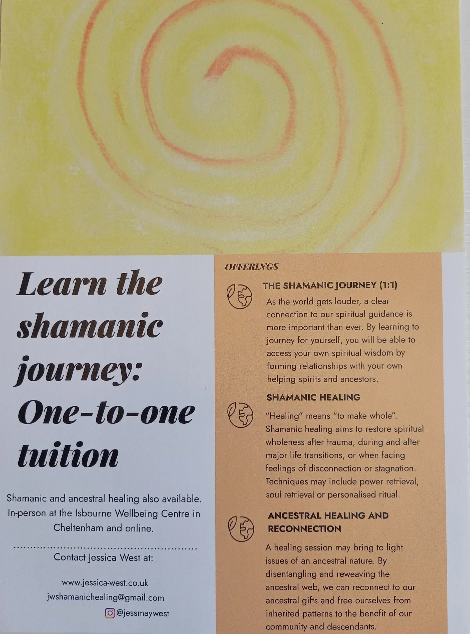 I'm now offering one-to-one tuition on the shamanic journey, as well as shamanic and ancestral healing sessions, at The Isbourne Wellbeing Centre in Cheltenham and online. If you have any questions or would like any further information, get in touch

