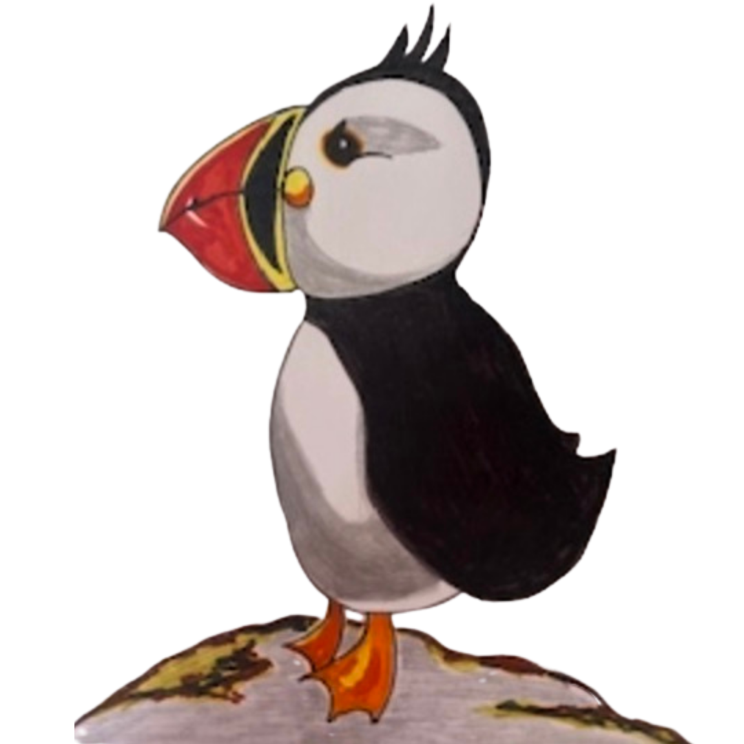 Balloon in the shape of a puffin bird with colorful feathers, standing on a surface with autumn leaves.