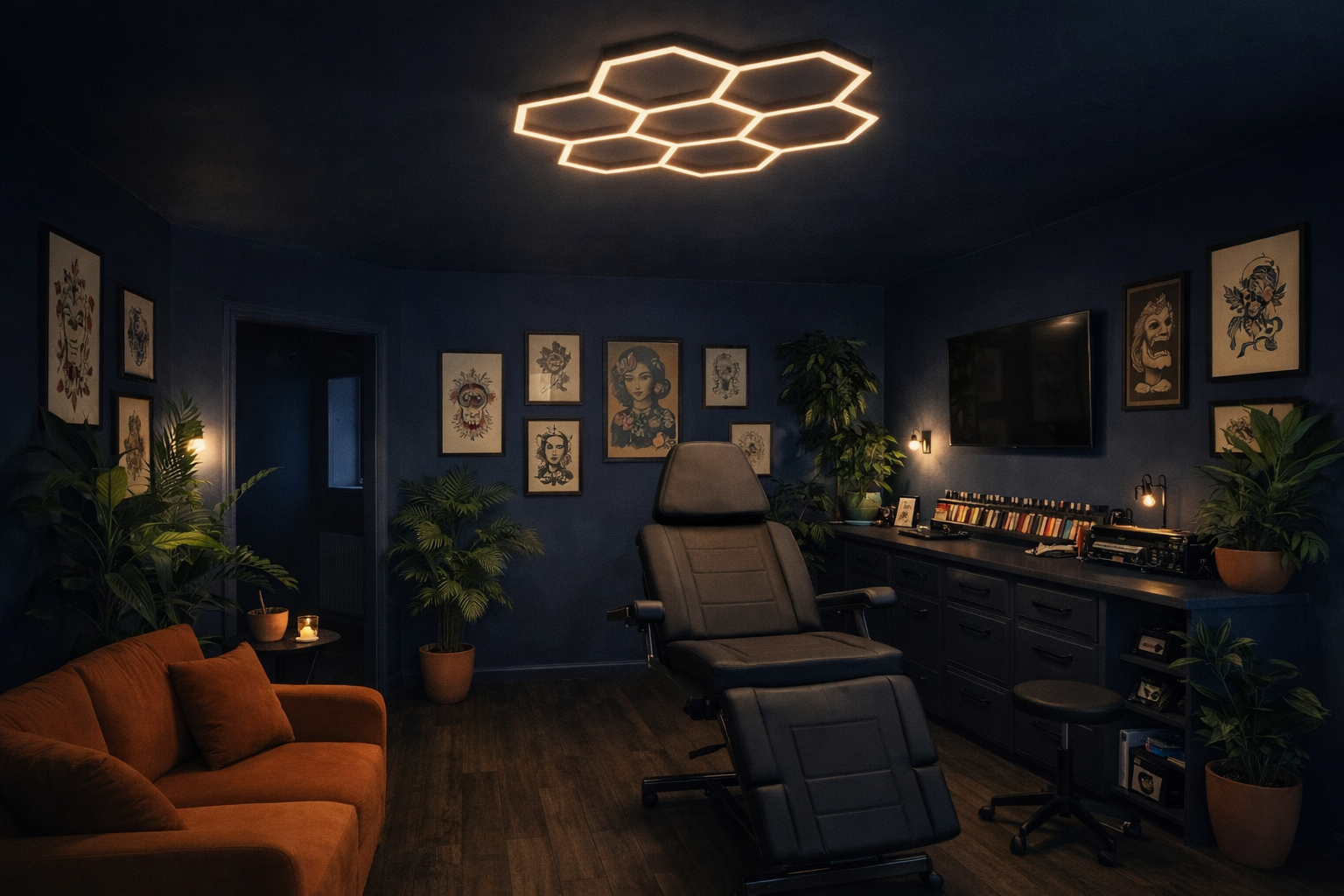 Dimly lit room with a massage chair, a brown sofa, framed artwork on dark blue walls, and various plants, illuminated by a modern hexagon ceiling light and wall sconces.