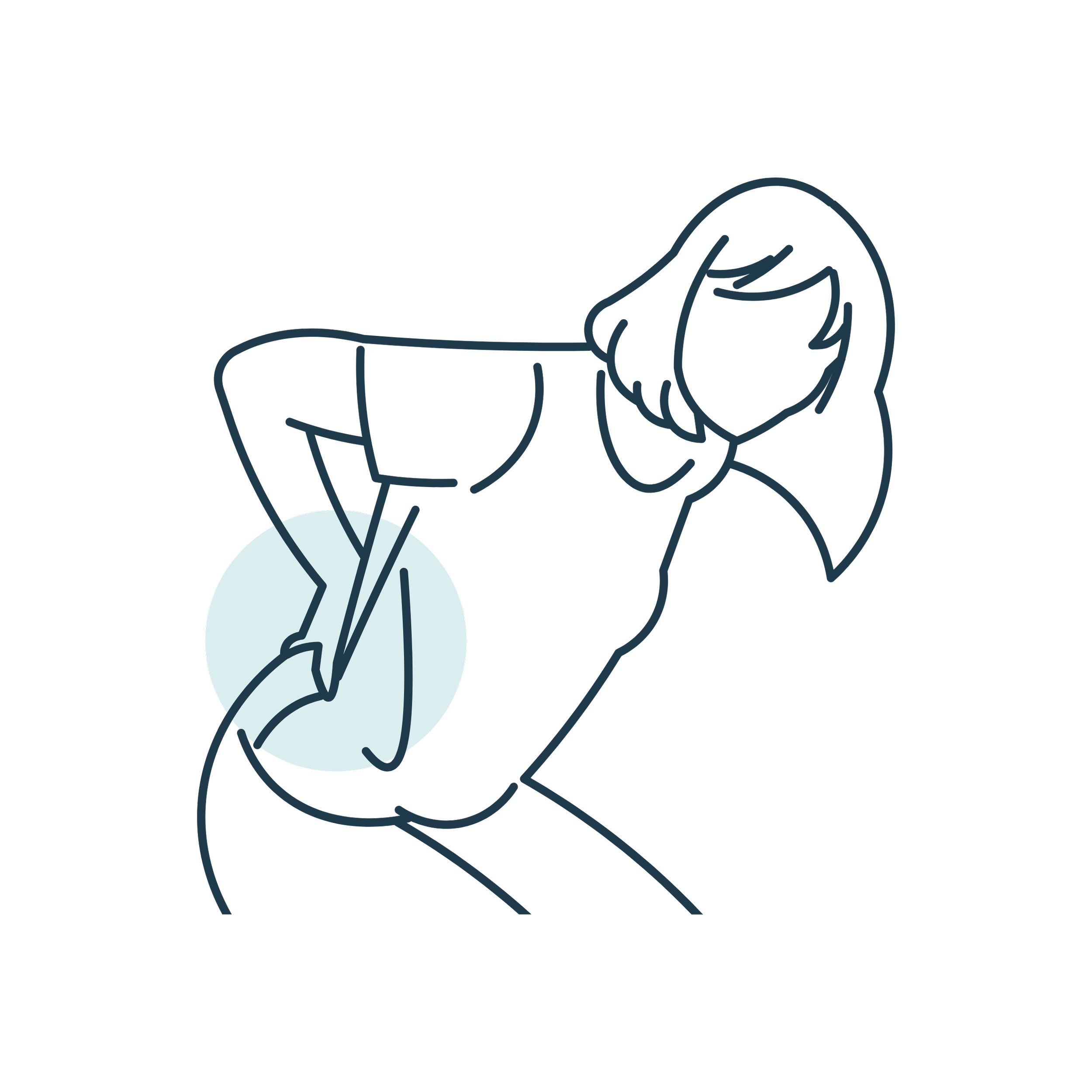Illustration minimaliste d'une femme assise, avec une lumière bleue en fond, portant une chemise à manches longues et affichant une posture détendue.