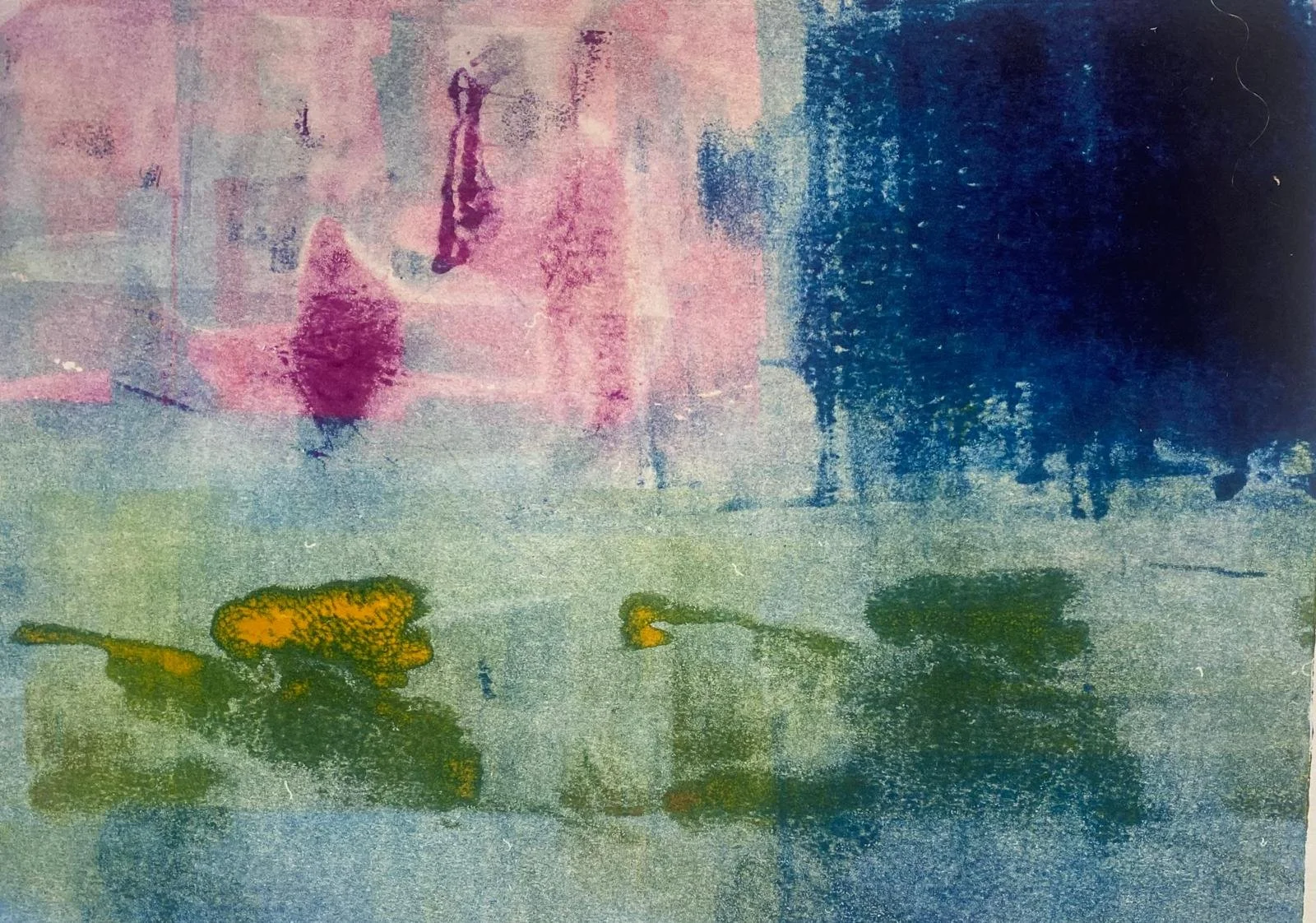 Abstract artwork featuring soft pastel colors, with blurry impressions of trees, water lilies, and a reflection of trees in the water.