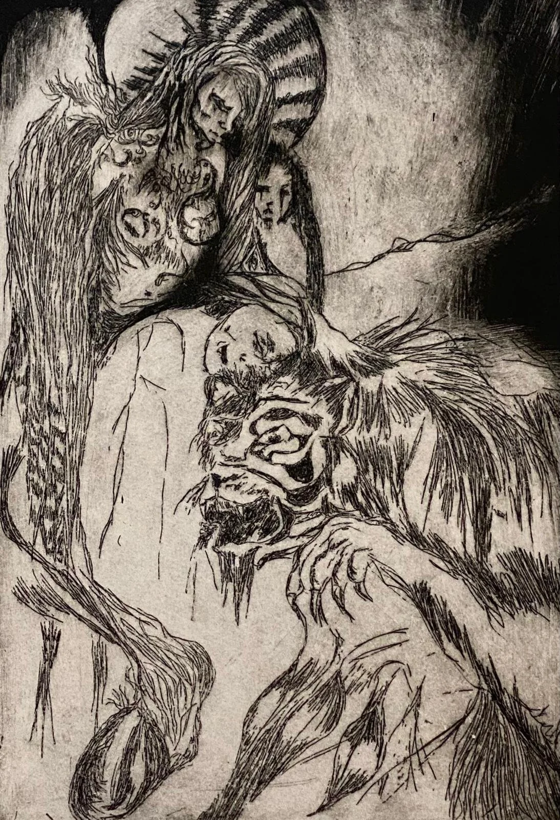 A detailed print of a woman with long hair, accompanied by two large, grotesque monsters with sharp claws and expressive faces, one of which has a terrifying, wide-open mouth.