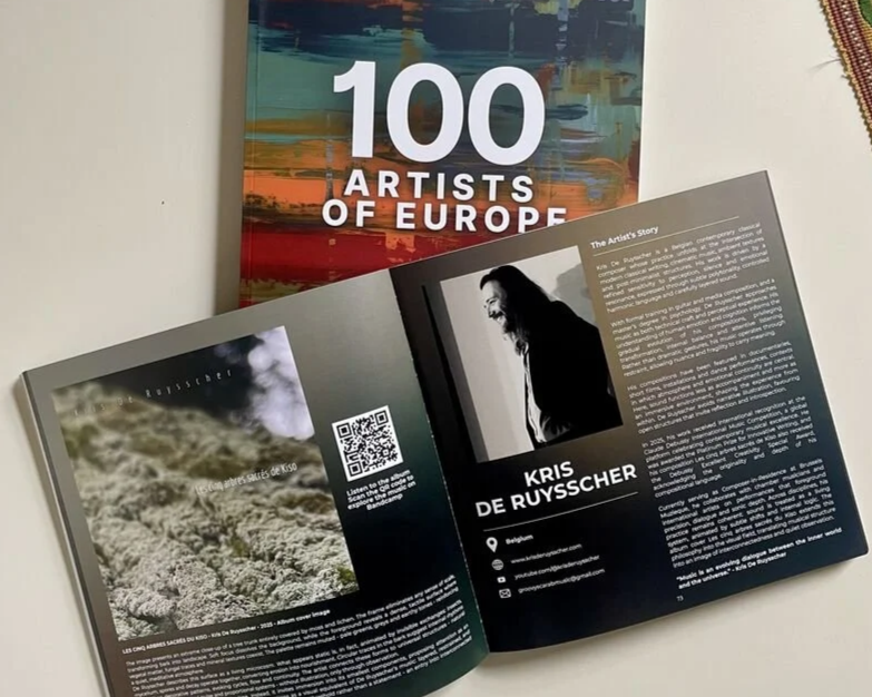 Open magazine featuring a black and white photo of Kris de Ruysscher, with biographical text, and a QR code on a colorful background with the title '100 Artists of Europe'.