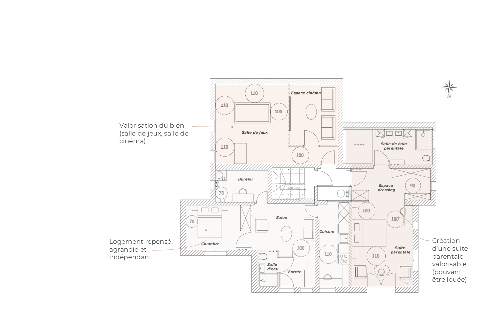 Plan RDC revalorisé d’une maison familiale à Lançon-de-Provence, avec sous-sol réintégré, salle de jeux, bureau et suite parentale.