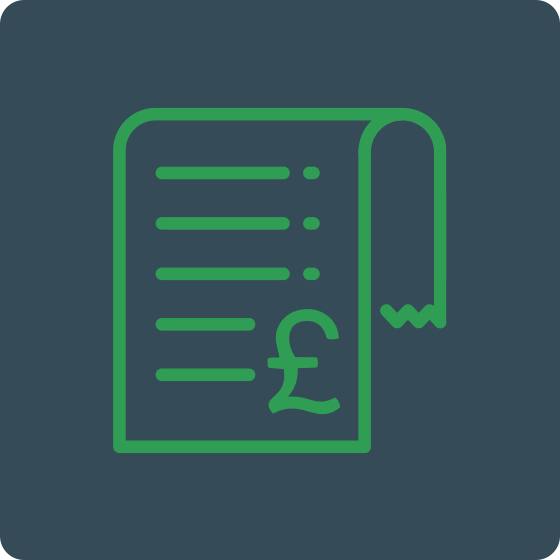 An icon representing a receipt on a dark background.